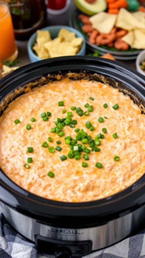 Creamy buffalo chicken dip in a slow cooker, garnished with green onions, alongside tortilla chips.